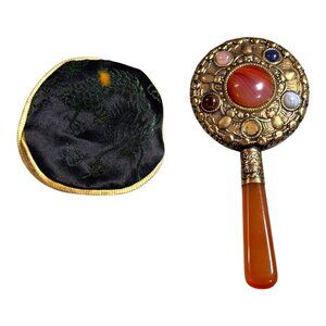 Vintage Chinese Trade Carnelian Jade Lapis Cabochon Gemstone Hand Travel Mirror